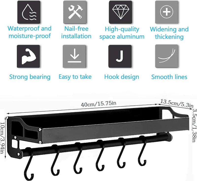 Keukenhouder zonder boren met 6 haken, keukenrek, muur voor specerijen, haaklijst, keukenhulp, hanglijst, aluminium kruidenrek, matte afwerking, voor keuken en badkamer