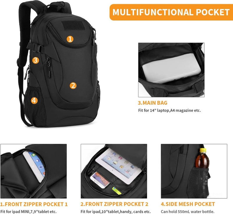 Tactische rugzak, 25 liter, waterdicht, trekkingrugzak, militaire Molle-rugzak voor kamperen, trekking, reizen, A-zwart., vakantie