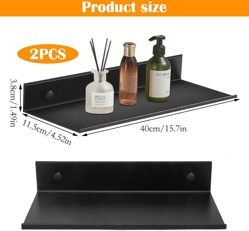 Set van 2 doucheplanken, zonder boren, doucheplank, zelfklevend douchemandje, roestvrij, doucheplankorganizer, metaal, kleine wandplank, douchemandje, badkamer, zwart