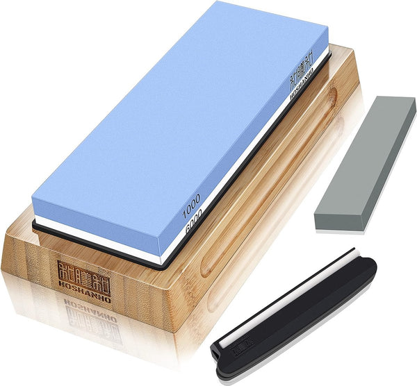 Slijpsteen mes [verbrede grootte], korrel 1000/6000 slijpsteen wetsteen professioneel 2-in-1 dubbelzijdig met aflijnsteen en hoekgeleiding, blauw/wit