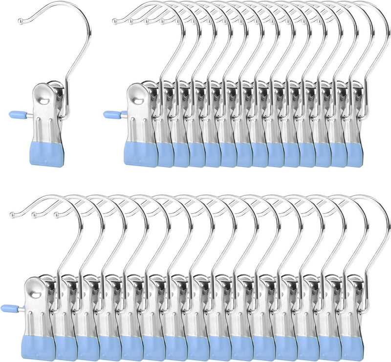 Klemhaken, 30 klemhaken, bootophanging, mini-kledinghaken, wasophanging, handdoekophanging, zonder naaien, klemmen, sokkenklemmen, haken voor handdoeken, klemmen, metaal (blauw)
