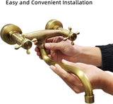 360° draaibare wandmontage keukenkraan, messing antiek dubbele hendel wandarmatuur retro wandkraan spoelbakarmatuur voor keuken zwembad badkuip