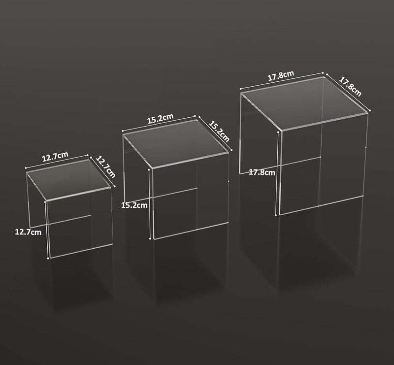 Clear Acryl Risers 3-delig, vierkant acryl display standaard voor levensmiddelen, tafelblad, display rek voor verkopers, verzamelobjecten, Funko Pop, parfum, kleine planten, 12,7 x 15,2 x
