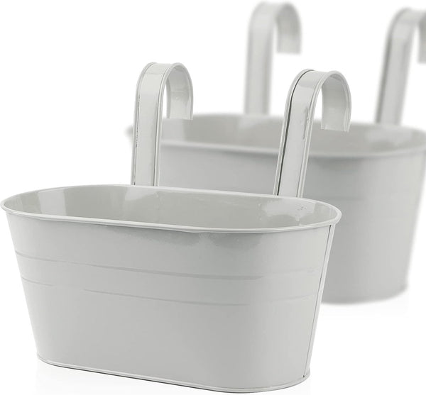 2 stuks hangende metalen bloempot met haken, voor balkon, bloempot, hangend, voor decoratie, balkon, tuin, muur, binnen en buiten, grijs