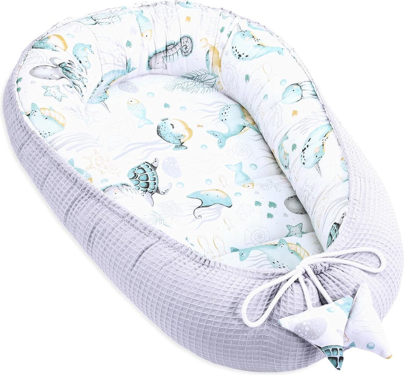 Babynestje voor pasgeborenen baby's, 90 x 50 cm, handgemaakte cocon, dubbelzijdig van katoen, wafel met babynestje, waterdieren, lichtgrijs