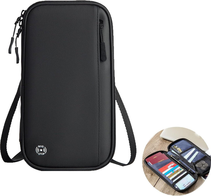 Paspoorttas, draagbare paspoorthoes, reisdocumentenorganizer, met RFID-blokkering, reisorganizer, zwart