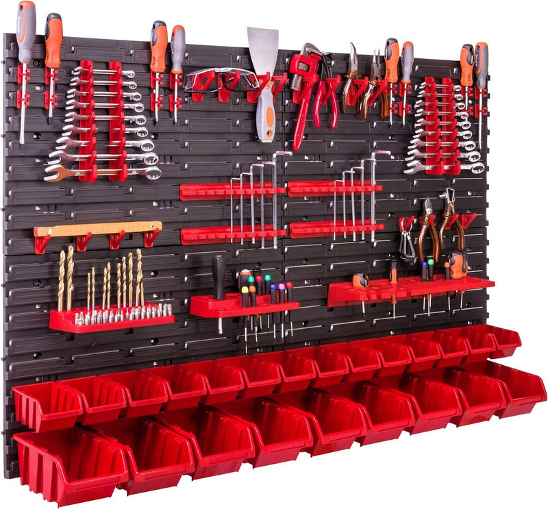 Opslagsysteem wandrek 115x78 cm, gereedschapshouders, 23 stuks. Stapelboxen opbergkast, extra sterke wandplaten, uitbreidbaar rek, werkplaatsrek, magazijnrek, werkplaatswandrek St