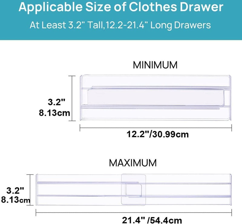 Kunststof ladeverdeler, verstelbaar, set van 8 (30,99 - 55,12 cm), transparante ladeverdeler, lade-organizer voor keukenopslag, slaapkamer, commode, met dubbelzijdig plakband
