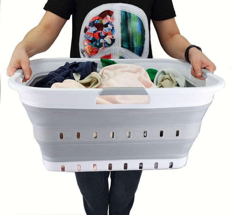 42L opvouwbare plastic wasmand - pop-up opslagcontainer/organizer - draagbaar - ruimtebesparend (1, wit/grijs)