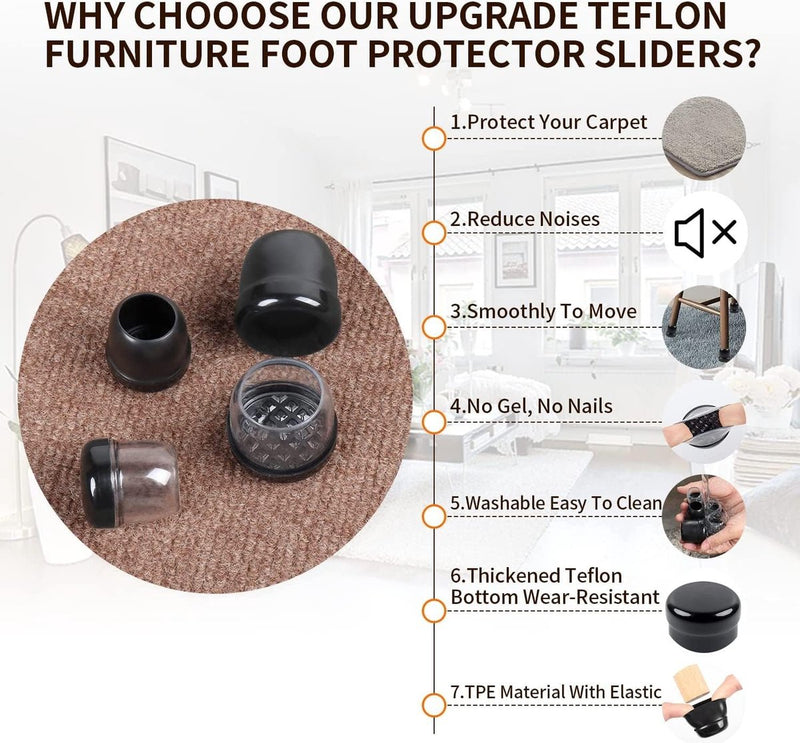 stoelpoothoezen 16-pack stoelpootglijders voor tapijt meubelvoetbeschermers pads 3,2 cm rond transparant TPE hoogelastisch zacht rubber met zwart geen krassen