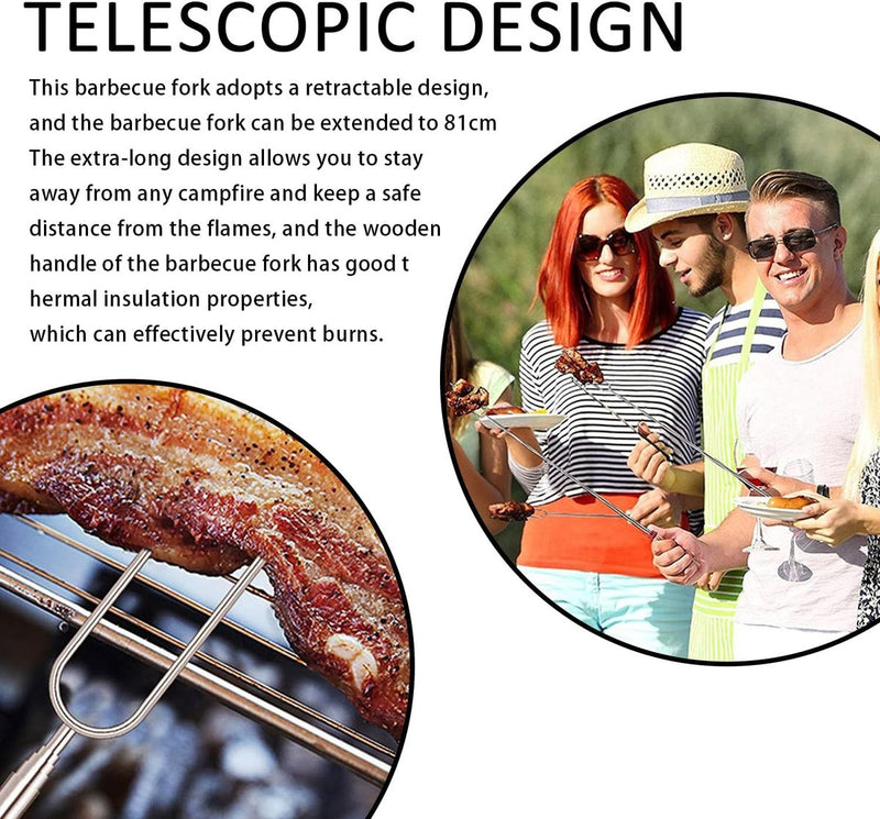6 barbecuevorken, 1 roze olieborstel, telescopische barbecuespiesjes, roestvrijstalen stokken, barbecuestokken, intrekbare grillstokken, marshmallow grillstokken, geschikt voor kamperen, feest, tuin