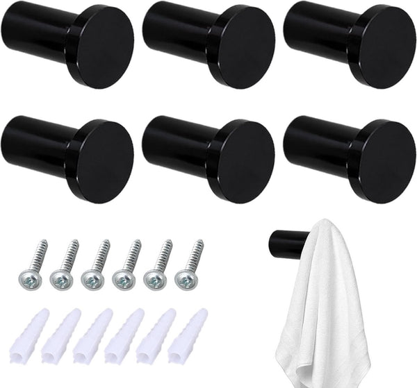 Kapstokken, zwart, 6 stuks enkele kapstokken, handdoekhaken, wandkapstokken, wandhaken, robuust voor het vastschroeven aan kledingkast, keuken, badkamer, kinderkamer (zwart)