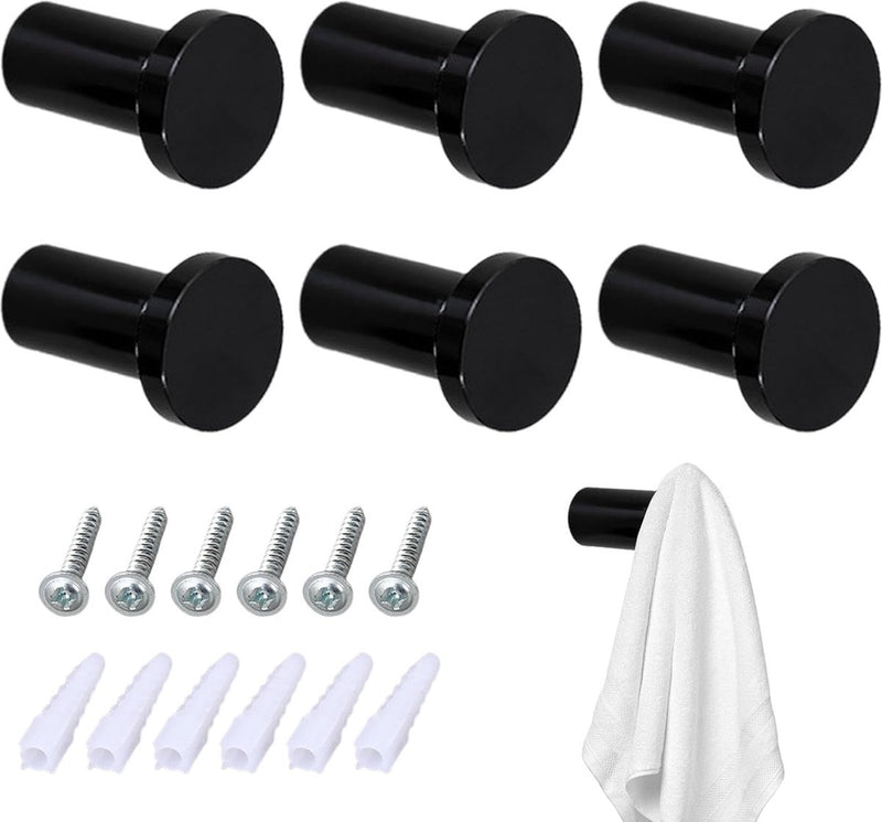 Kapstokken, zwart, 6 stuks enkele kapstokken, handdoekhaken, wandkapstokken, wandhaken, robuust voor het vastschroeven aan kledingkast, keuken, badkamer, kinderkamer (zwart)