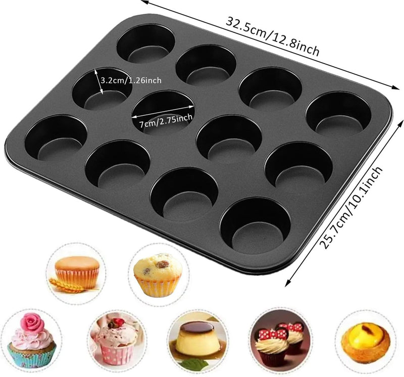 2 stuks muffinvorm, muffinplaat voor 12 muffins, koolstofstaal muffin bakvorm, bakvorm met antiaanbaklaag, zwarte muffinvorm, bakvorm, bakplaat, muffins bakvorm