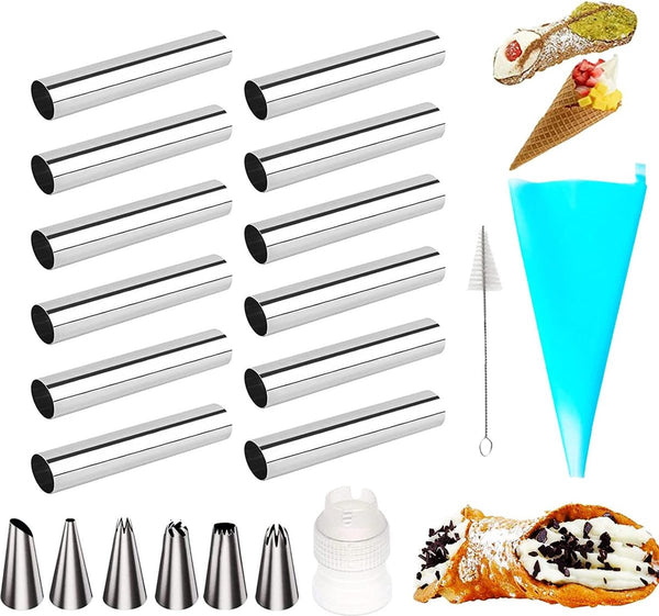 Cannoli-bakvormen, 21 stuks, schuimrolvormen, cannoli-buizen, 12 cm roestvrij staal, cannoli-vorm, voor cannoli-buizen, croissant, bakvormen, vorm met reinigingsborstel en pijppunt