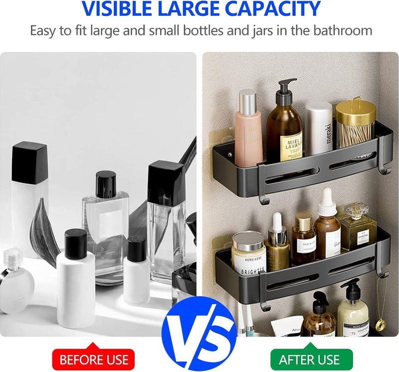 Shower Caddy No Drilling 2 Pack Shower Shelf with 2 Hooks for Bathroom Kitchen Toilet Aluminium Matt Black