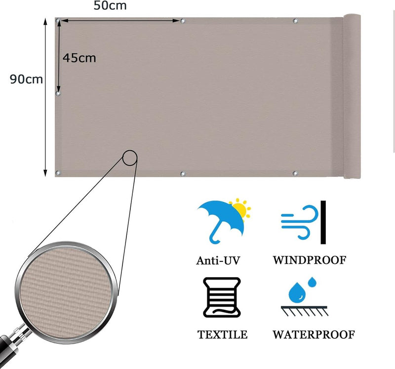 Balkonscherm, inkijkbescherming, balkonomspanningen, PES, waterdicht, weerbestendig, met kabelbinders, 90 x 600 cm, taupe