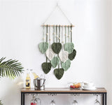 Macramé wandtapijt, boho-decoratie, wandtapijt in boho-stijl met houten kralen en bladeren, wandtapijt, boho, handgemaakt, voor buiten, woonkamer, slaapkamer, binnen, geschenken, 40 80 cm (groen)