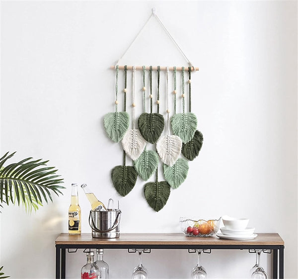 Macramé wandtapijt, boho-decoratie, wandtapijt in boho-stijl met houten kralen en bladeren, wandtapijt, boho, handgemaakt, voor buiten, woonkamer, slaapkamer, binnen, geschenken, 40 80 cm (groen)