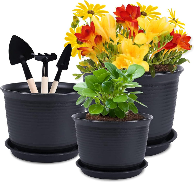 3 stuks kunststof bloempotten, plantenbakken met afwateringsgat 3 maten 15 cm, 18 cm, 21 cm, dikke groeiende plantenpotten, bloempotten plantenpot voor bloemen en planten (zwart)