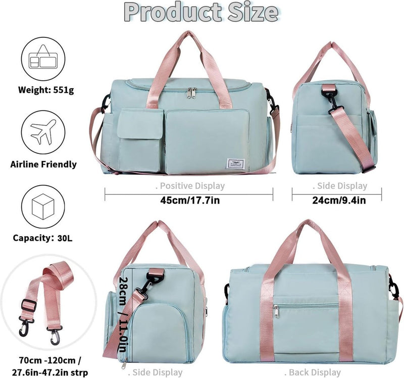 35L sporttas voor dames, opvouwbare reistas met schoenenvak en natvak, waterafstotende weekendtas, gymreistas, handbagage, trainingstas voor dames, heren, groen en roze