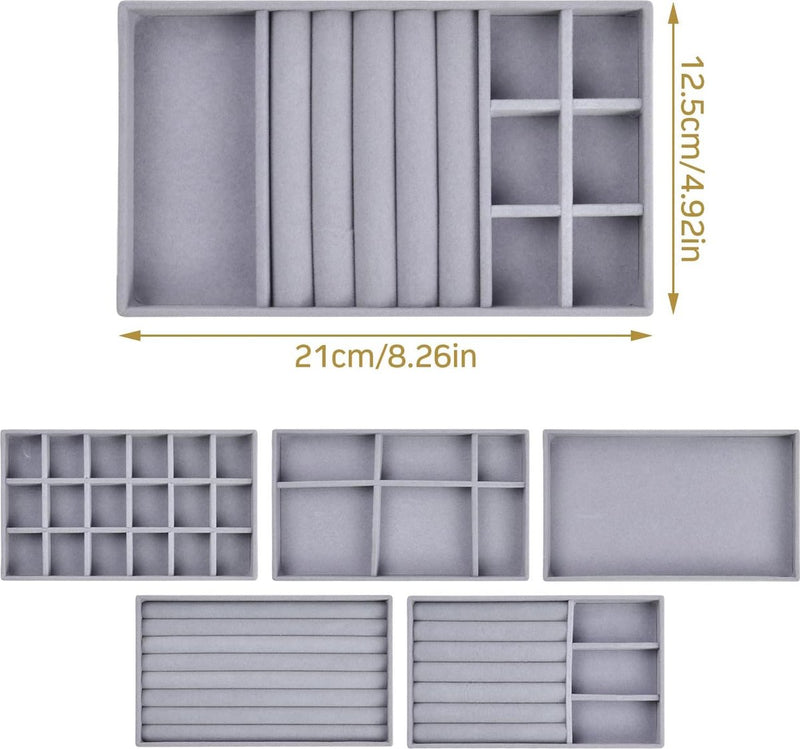 Set van 6 fluwelen sieradenbakjes, stapelbare sieradenorganizer, sieradendoos fluweel, stapelbare sieradendoos, sieradenopberglade, voor oorbellen, ring, armband, kettingen (grijs)