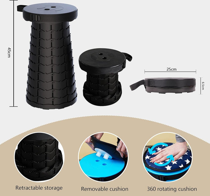 Opvouwbare kruk, draagbare klapkruk met kussen, campingkruk voor volwassenen, telescopische kruk, inklapbaar, voor , BBQ binnen, draagvermogen 120 kg, met draagtas