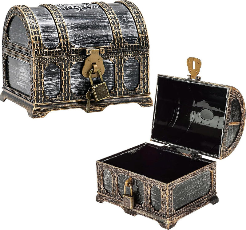 Afsluitbare schatkist voor kinderverjaardag, schatkist bruiloft met slot, kunststof piraten, schatkist, klein, bewaren en decor, schatkist piraat, schatfeest (1)