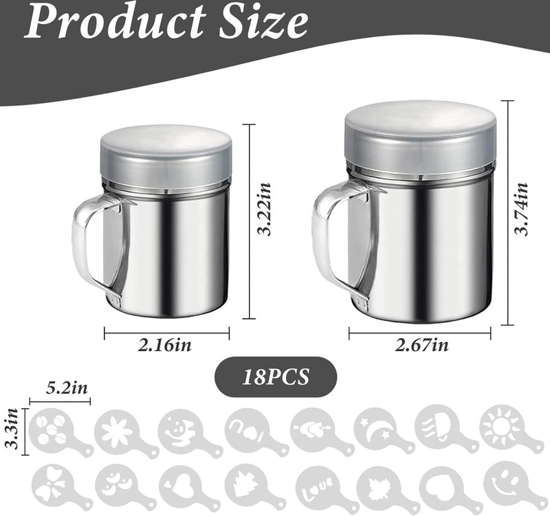 Icing Sugar Shaker Set - 2 cacao- en koffie-sjabloonshakers met 16 verschillende sjablonen, roestvrijstalen gaassjablonen voor chocolade, keuken, drankjes en bakken (2 maten)