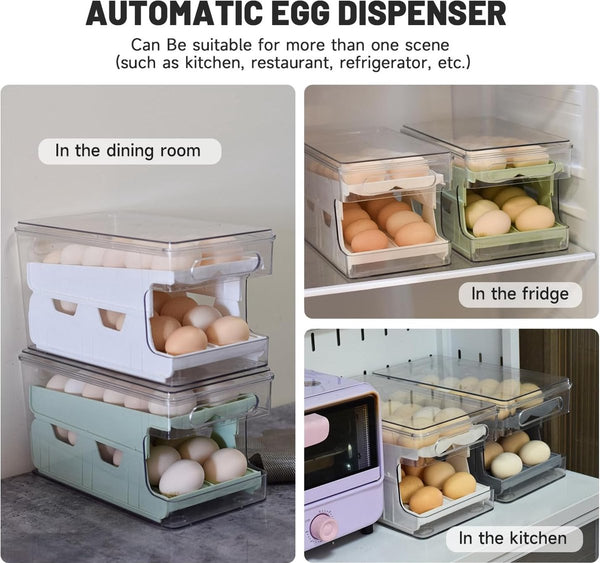 Eiercontainer voor koelkast, dubbelsporige automatische rollende eierhouder voor koelkast, opbergdoos met deksel voor eten, drinken enz. (Parelwit)