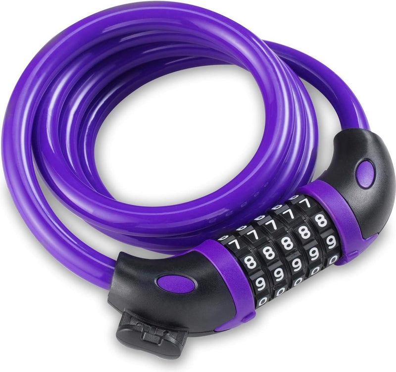 Fietsslot met 5-cijferige code, 1,2 m lang, cijferslot wiel met kabel, zeer licht, veiligheidsslot voor fiets en mountainbike met houder (paars)