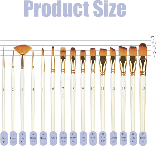 Penselenset acrylverf 15-delige penselenset schilderen, penselenset voor olie, aquarel, gouache, olieverf penselen, inclusief pop-up draagtas met paletmes en 2 sponsjes