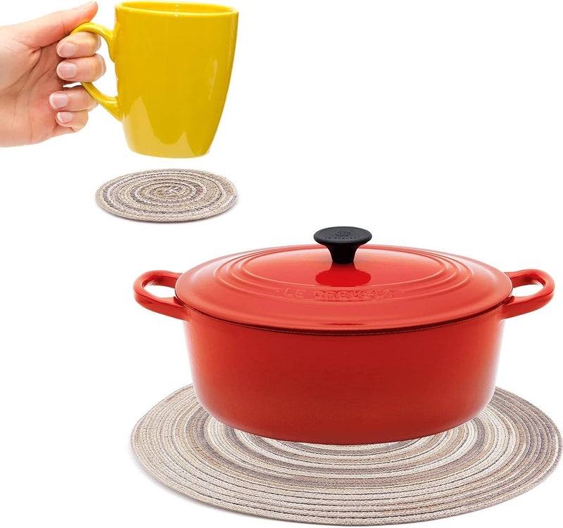 Geweven ronde placemats met 8, 38 cm placemats van katoen en 11 cm onderzetter, hittebestendige wasbare placemats voor keuken, eettafel (grijs)