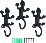 3 stuks Gecko garderobehaken, rustieke garderobehaken, gietijzeren wandhaken, vintage met schroeven, kledinghaken, muur om op te hangen, kleding, sleutels, hoeden, tassen, zwart-groen