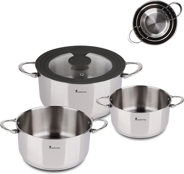 Pannenset, 4-delige set met 16, 20 en 24 cm potten en glazen deksel, van roestvrij staal, kookpannenset, geschikt voor alle warmtebronnen