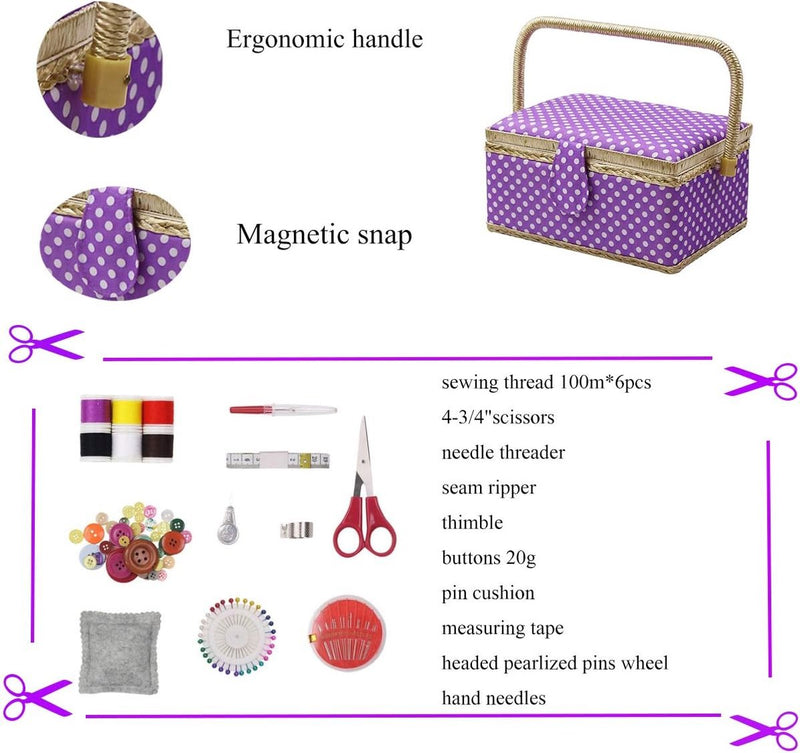 naaikandje voor thuis, voor opslag en organisatie, draagbaar, voor naalden, garen, enz., naaimand met accessoires, M, paars