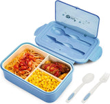 Lunchtrommel, bento box, broodtrommel met 3 vakken en bestek, lekvrij, broodtrommel, koelkast, vaatwasmachinebestendig, magnetronbestendig, broodtrommels voor school, werk, picknick, reizen (blauw)