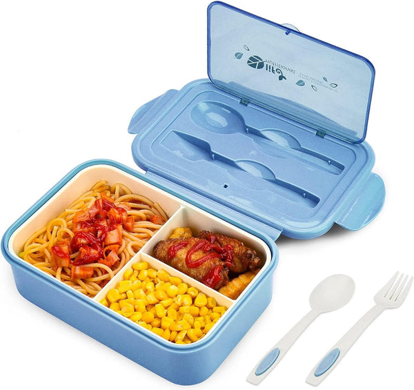 Lunchtrommel, bento box, broodtrommel met 3 vakken en bestek, lekvrij, broodtrommel, koelkast, vaatwasmachinebestendig, magnetronbestendig, broodtrommels voor school, werk, picknick, reizen (blauw)