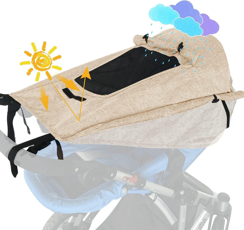 Luifel kinderwagen met uv-bescherming 50+ en waterdicht, dubbellaags stof met kijkvenster en extra brede schaduwvleugels, kaki