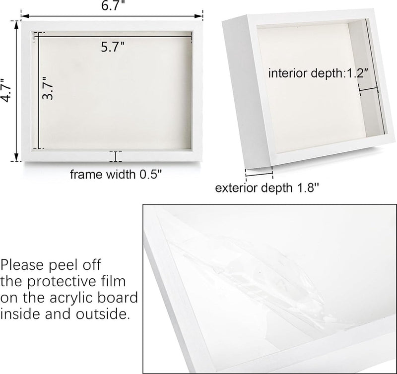 6 stuks schaduwdozen van 17 x 12 cm, kleine houten lijsten, 3 cm diepe fotolijsten voor gedroogde bloemen, doe-het-zelf knutselen, memorabilia, medailles en foto's, wit