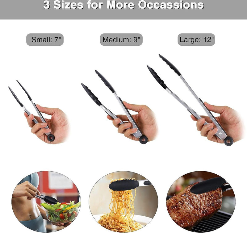 Keukentangenset van 3 roestvrijstalen barbecuetangen met siliconen tips voor koken, grillen, buffet, 18/23/30 cm (zwart)