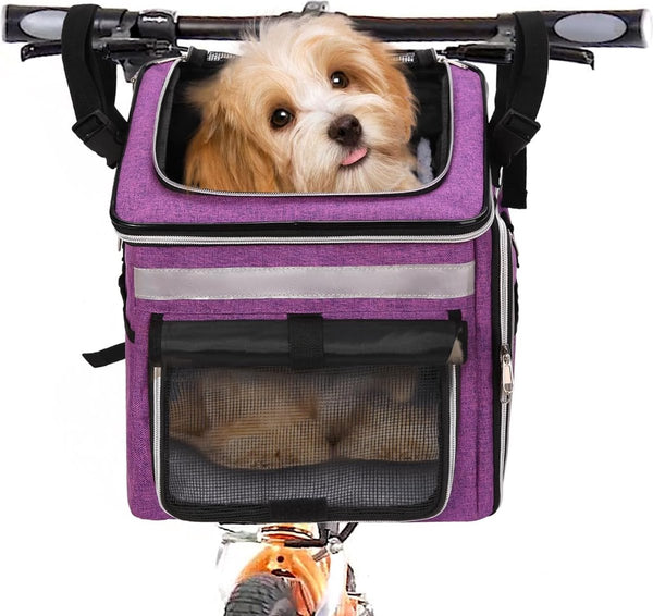 Huisdierfietstas voor honden en katten, stevige puppyfietstas, huisdierrugzak met 3 ademende mesh-ramen, uitbreidbare draagtas voor kleine, middelgrote honden, puppy's en katten, paars