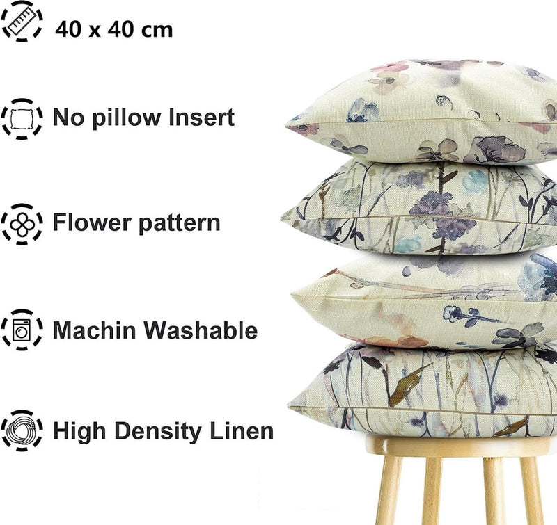 Kussensloop 40 x 40 cm, set van 4 linnen, decoratieve kussenhoezen voor bank, woonkamer, slaapkamer, kantoor, woondecoratie (40 x 40 cm, stijl 1)