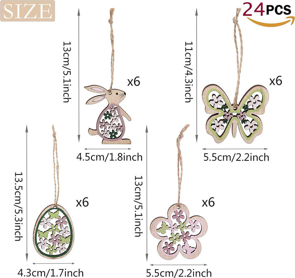 Set van 24 voorjaarsdecoratie hangers vlinders hazen eieren bloemen lente hanger van hout om op te hangen raamdecoratie raamhanger voor Pasen