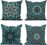 Boho Cushion Cover, 50 x 50 cm, Set of 4, Retro Geometric Pattern, Blue Gold Sofa Decorative Cushion Covers, Washable Polyester Flax Textile, Outdoor Upholstery Pillowcase Cushion Cover