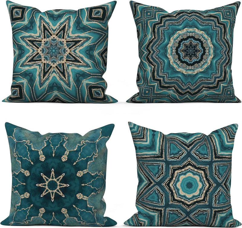 Boho Cushion Cover, 50 x 50 cm, Set of 4, Retro Geometric Pattern, Blue Gold Sofa Decorative Cushion Covers, Washable Polyester Flax Textile, Outdoor Upholstery Pillowcase Cushion Cover