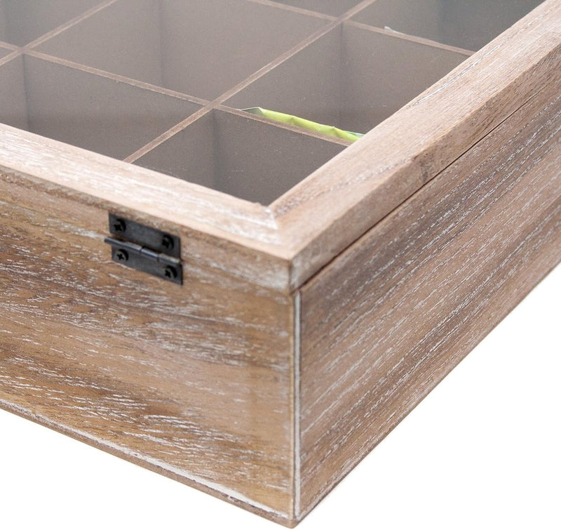 Theedoos grote theebus 24 x 24 x 8,5 cm (L x B x H) Theedoos met 9 vakken Houten theezakjesdoos met deksel in vintage look