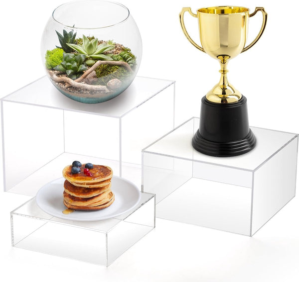 Set van 3 acryl kubusstandaarden, matte sieradendisplaydoos met holle basis, transparante nestvitrine taartstandaard voor verzamelobjecten, cosmetica, dessert, 3 maten