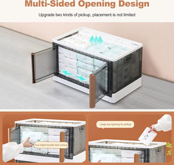 Opvouwbare kunststof opbergdoos, opbergdoos met deksel en wielen, dubbele opening, stapelbare opbergdoos, transparant, voor kantoor, kinderkamer, keuken en woonkamer