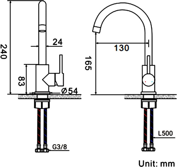 Wastafelarmatuur 360° draaibaar met uitloop hoogte 24,5 cm, waterkraan badkamer van 304 roestvrij staal mat oppervlak wastafel armaturen kraan keuken